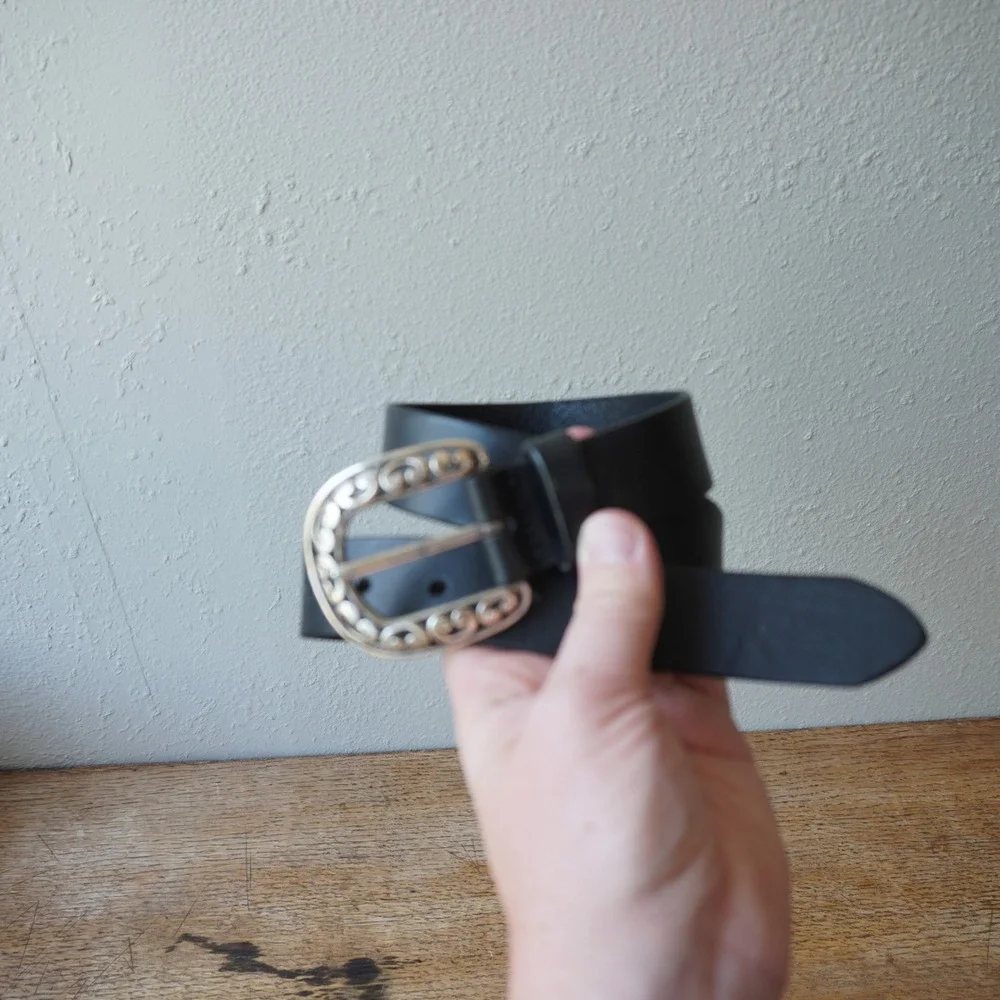 Genuine Italian Leather Western Scroll Buckle Belt Black Silver Size S USA Made